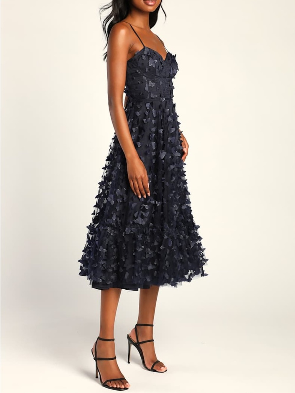 lulus butterfly appliqué 3D corset midi dress